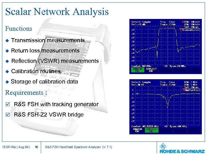 Scalar Network Analysis Functions u Transmission measurements u Return loss measurements u Reflection (VSWR)