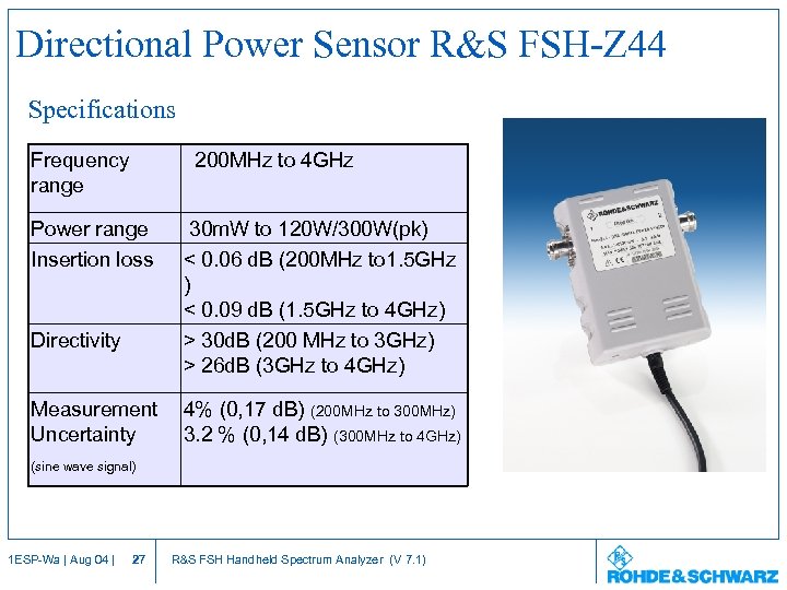 Directional Power Sensor R&S FSH-Z 44 Specifications Frequency range Power range Insertion loss Directivity