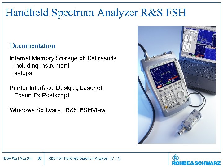 Handheld Spectrum Analyzer R&S FSH Documentation Internal Memory Storage of 100 results including instrument