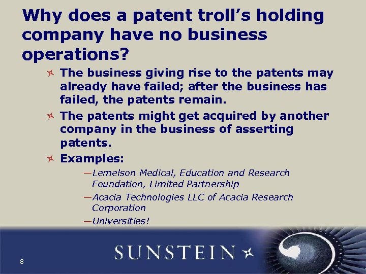 Why does a patent troll’s holding company have no business operations? The business giving