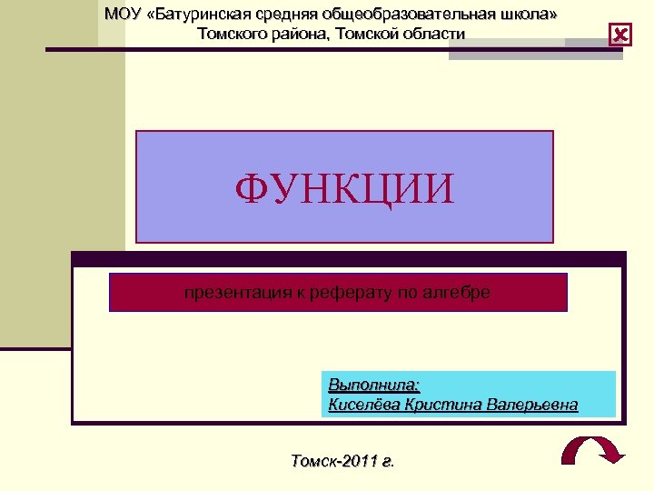 МОУ «Батуринская средняя общеобразовательная школа» Томского района, Томской области ФУНКЦИИ презентация к реферату по