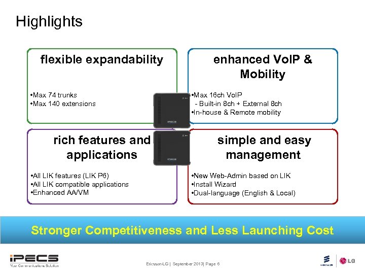 Highlights flexible expandability • Max 74 trunks • Max 140 extensions • Max 16