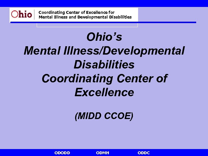 Coordinating Center of Excellence for Mental Illness and Developmental Disabilities Ohio’s Mental Illness/Developmental Disabilities