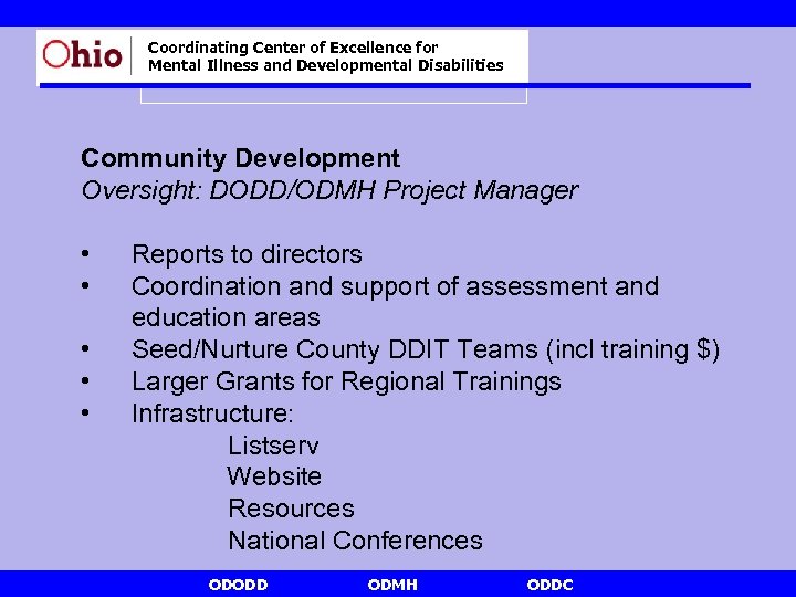 Coordinating Center of Excellence for Mental Illness and Developmental Disabilities Community Development Oversight: DODD/ODMH