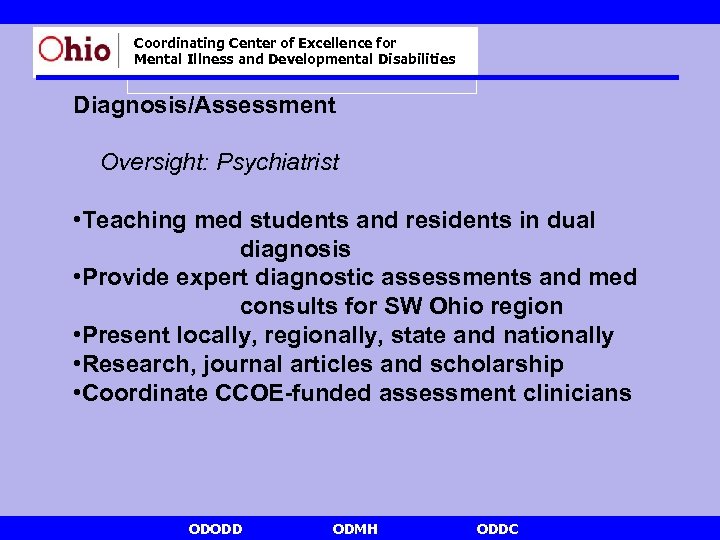 Coordinating Center of Excellence for Mental Illness and Developmental Disabilities Diagnosis/Assessment Oversight: Psychiatrist •