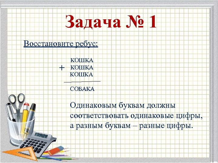 Задача № 1 Восстановите ребус: + КОШКА СОБАКА Одинаковым буквам должны соответствовать одинаковые цифры,