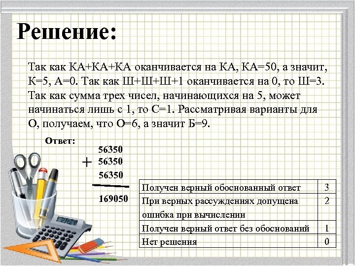 Решение: Так как КА+КА+КА оканчивается на КА, КА=50, а значит, К=5, А=0. Так как