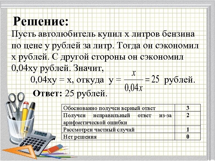 Решение: Пусть автолюбитель купил x литров бензина по цене y рублей за литр. Тогда