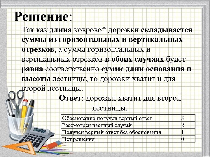 Решение: Так как длина ковровой дорожки складывается суммы из горизонтальных и вертикальных отрезков, а