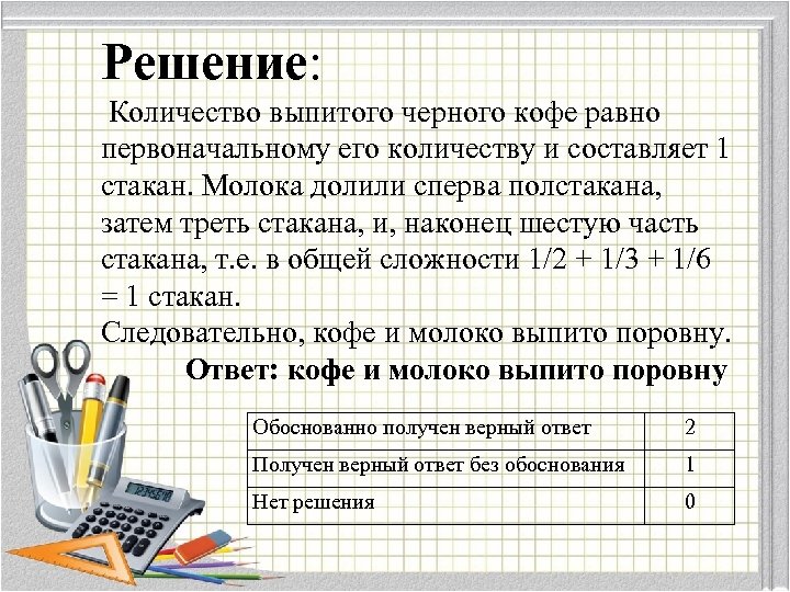 Решение: Количество выпитого черного кофе равно первоначальному его количеству и составляет 1 стакан. Молока