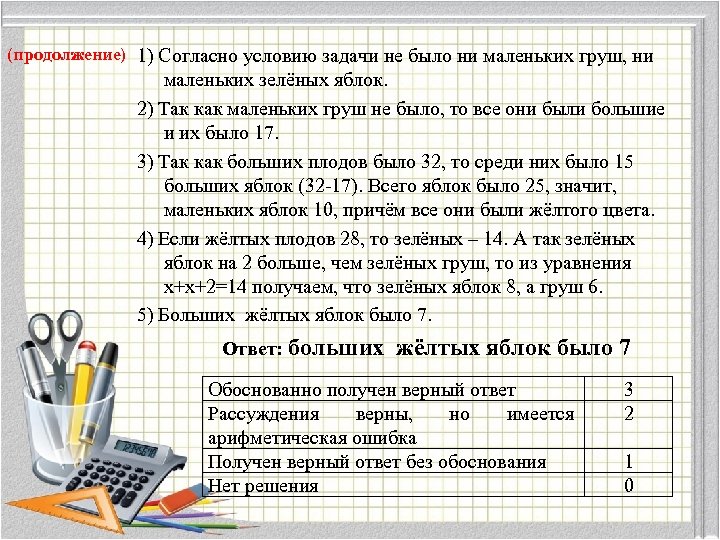 (продолжение) 1) Согласно условию задачи не было ни маленьких груш, ни маленьких зелёных яблок.