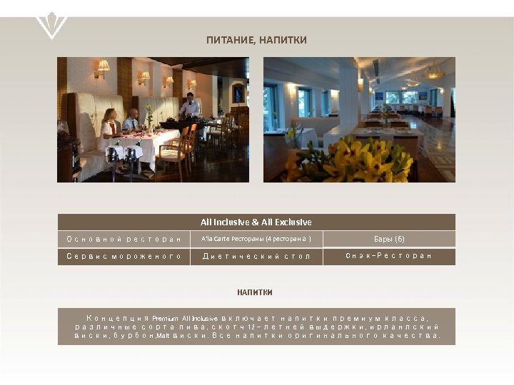 ПИТАНИЕ, НАПИТКИ All Inclusive & All Exclusive Основной ресторан A'la Carte Рестораны (4 ресторана