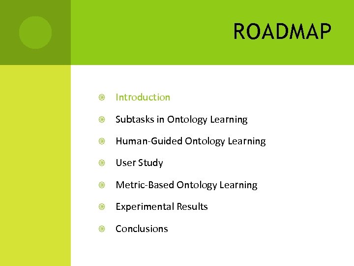 ROADMAP Introduction Subtasks in Ontology Learning Human-Guided Ontology Learning User Study Metric-Based Ontology Learning