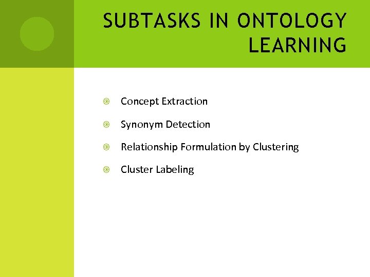 SUBTASKS IN ONTOLOGY LEARNING Concept Extraction Synonym Detection Relationship Formulation by Clustering Cluster Labeling