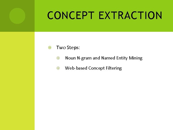 CONCEPT EXTRACTION Two Steps: Noun N-gram and Named Entity Mining Web-based Concept Filtering 