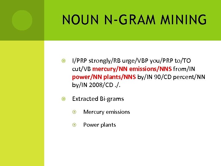 NOUN N-GRAM MINING I/PRP strongly/RB urge/VBP you/PRP to/TO cut/VB mercury/NN emissions/NNS from/IN power/NN plants/NNS