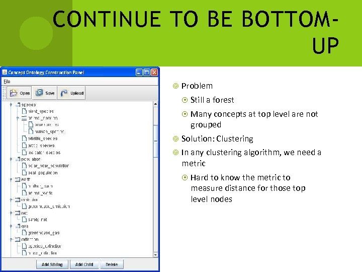 CONTINUE TO BE BOTTOMUP Problem Still a forest Many concepts at top level are