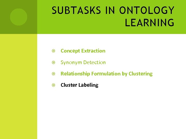 SUBTASKS IN ONTOLOGY LEARNING Concept Extraction Synonym Detection Relationship Formulation by Clustering Cluster Labeling