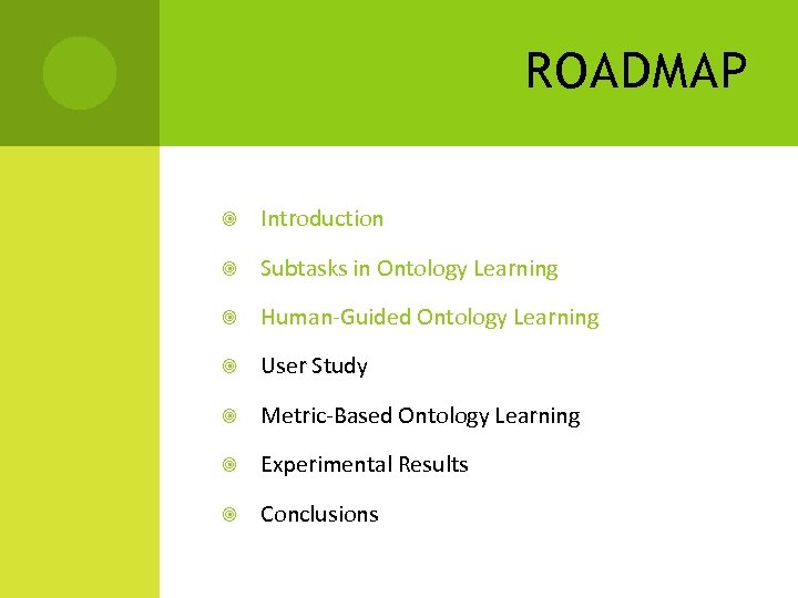 ROADMAP Introduction Subtasks in Ontology Learning Human-Guided Ontology Learning User Study Metric-Based Ontology Learning