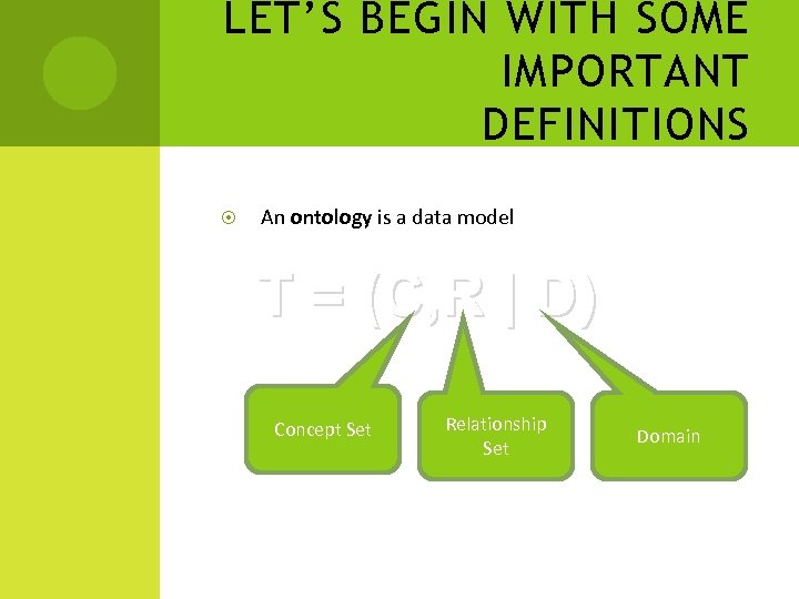 LET’S BEGIN WITH SOME IMPORTANT DEFINITIONS An ontology is a data model T =