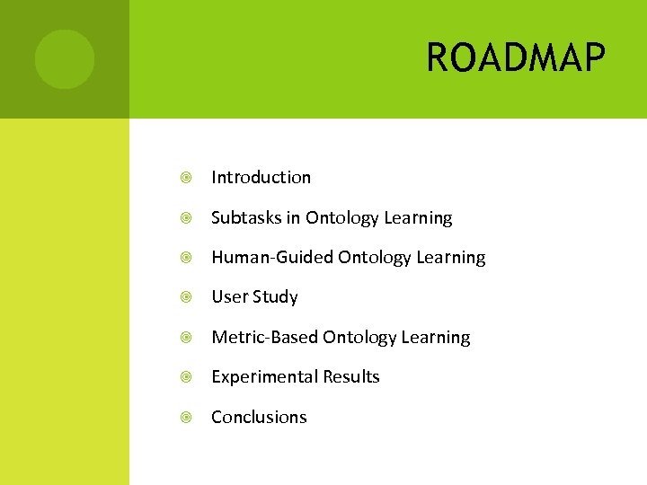 ROADMAP Introduction Subtasks in Ontology Learning Human-Guided Ontology Learning User Study Metric-Based Ontology Learning