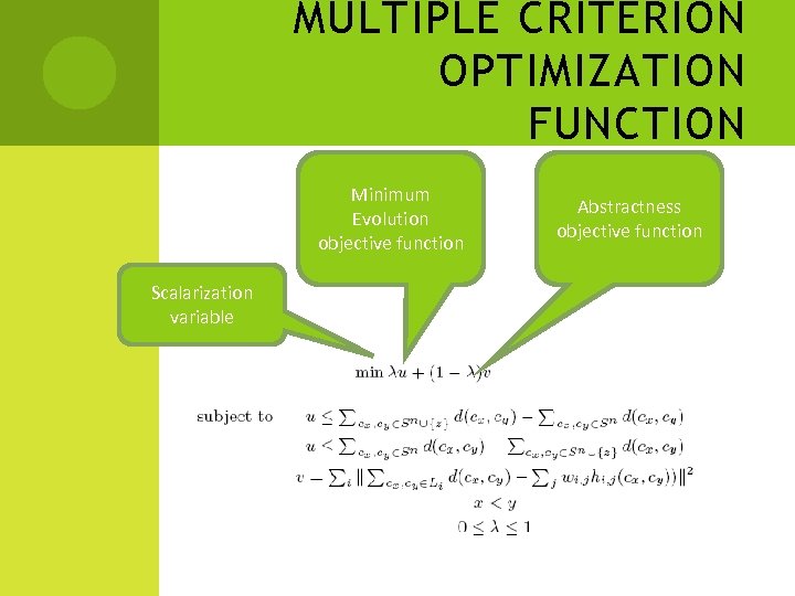 MULTIPLE CRITERION OPTIMIZATION FUNCTION Minimum Evolution objective function Scalarization variable Abstractness objective function 