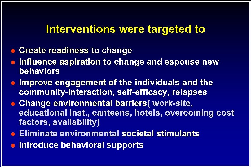 Interventions were targeted to l l l Create readiness to change Influence aspiration to