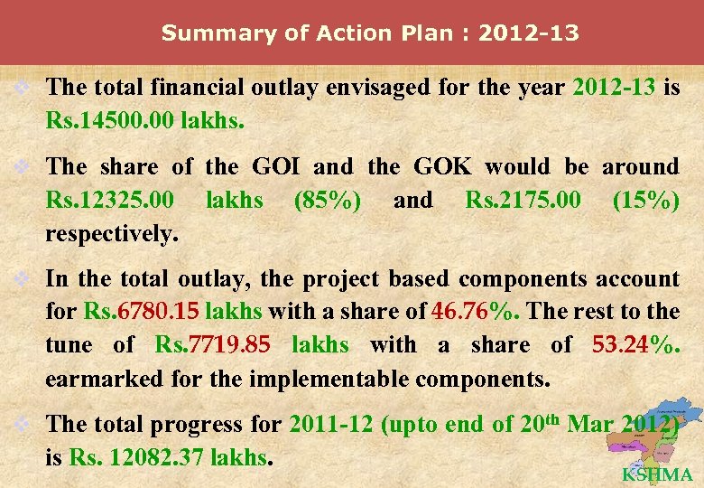 Summary of Action Plan : 2012 -13 v The total financial outlay envisaged for
