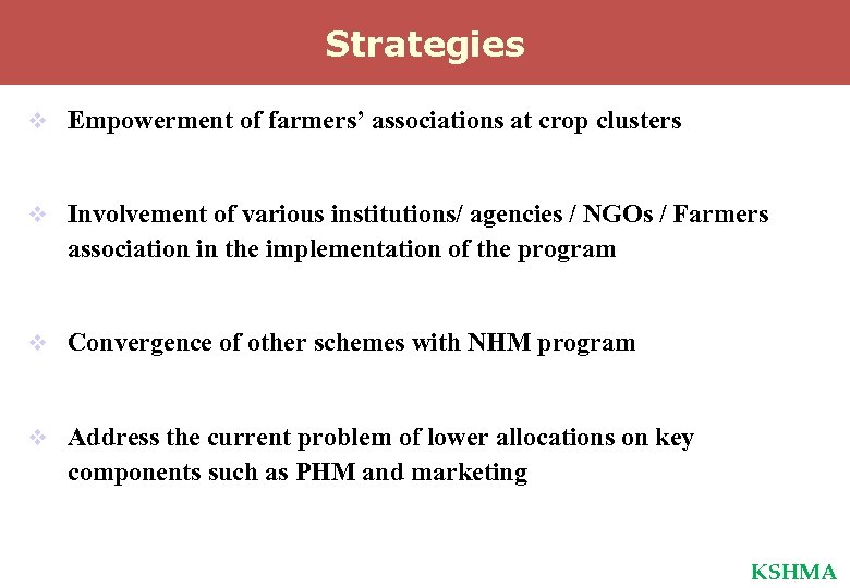 Strategies v Empowerment of farmers’ associations at crop clusters v Involvement of various institutions/