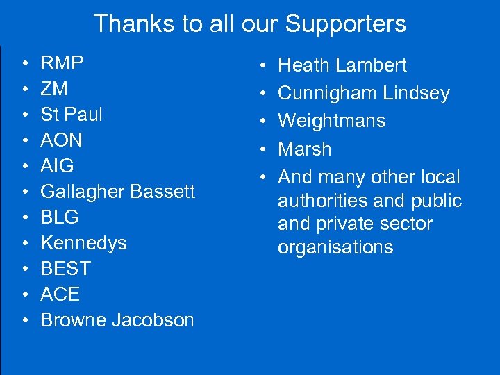 Thanks to all our Supporters • • • RMP ZM St Paul AON AIG