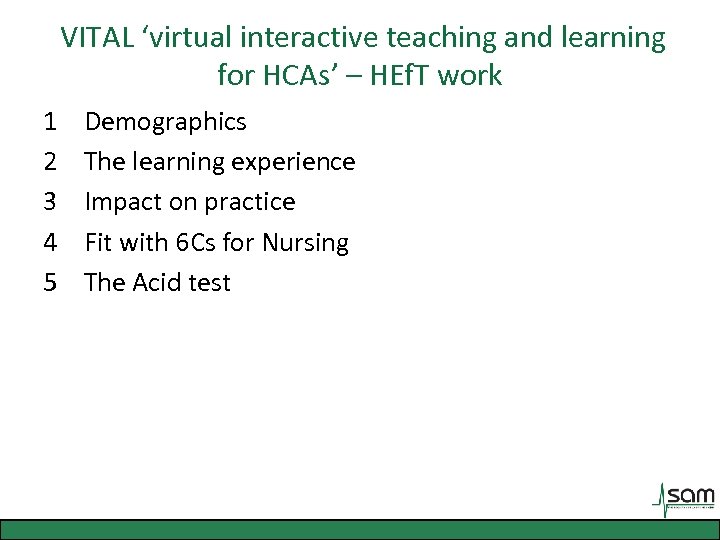 VITAL ‘virtual interactive teaching and learning for HCAs’ – HEf. T work 1 2