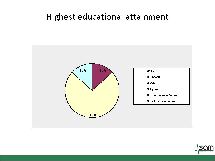 Highest educational attainment 13. 3% GCSE A-Levels NVQ Diploma Undergraduate Degree Postgraduate Degree 73.