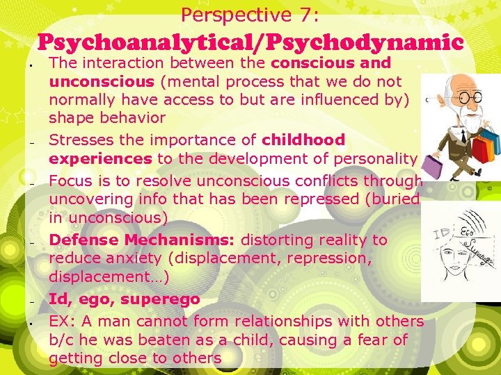 Perspective 7: Psychoanalytical/Psychodynamic • – – • The interaction between the conscious and unconscious