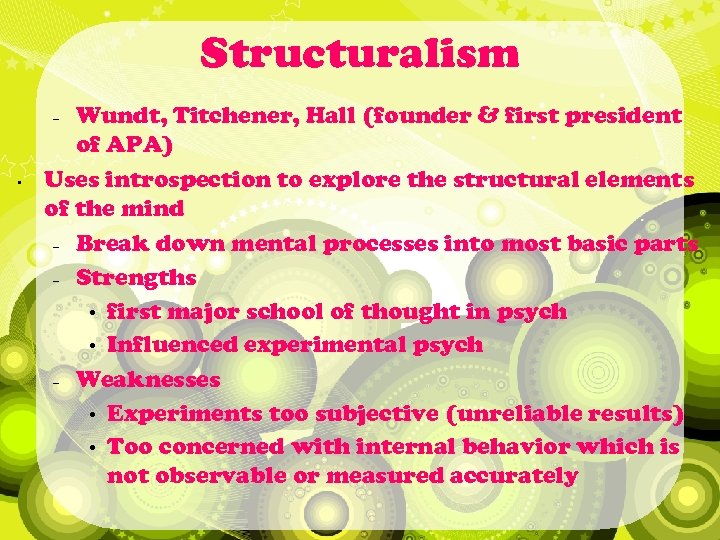 Structuralism Wundt, Titchener, Hall (founder & first president of APA) Uses introspection to explore