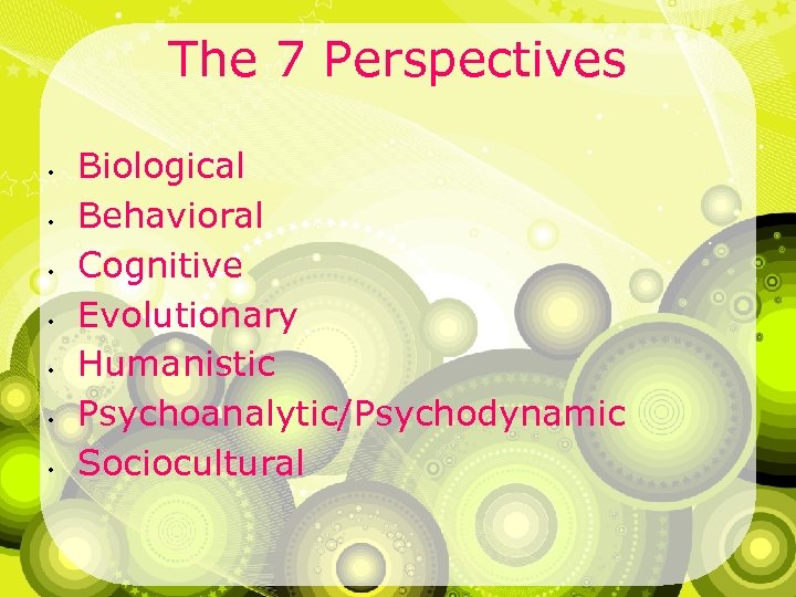 The 7 Perspectives • • Biological Behavioral Cognitive Evolutionary Humanistic Psychoanalytic/Psychodynamic Sociocultural 
