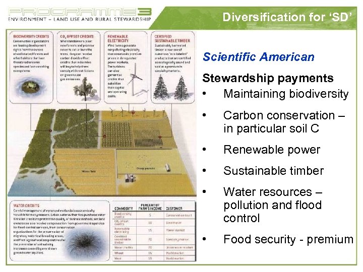 Diversification for ‘SD’ Scientific American Stewardship payments • Maintaining biodiversity • Carbon conservation –