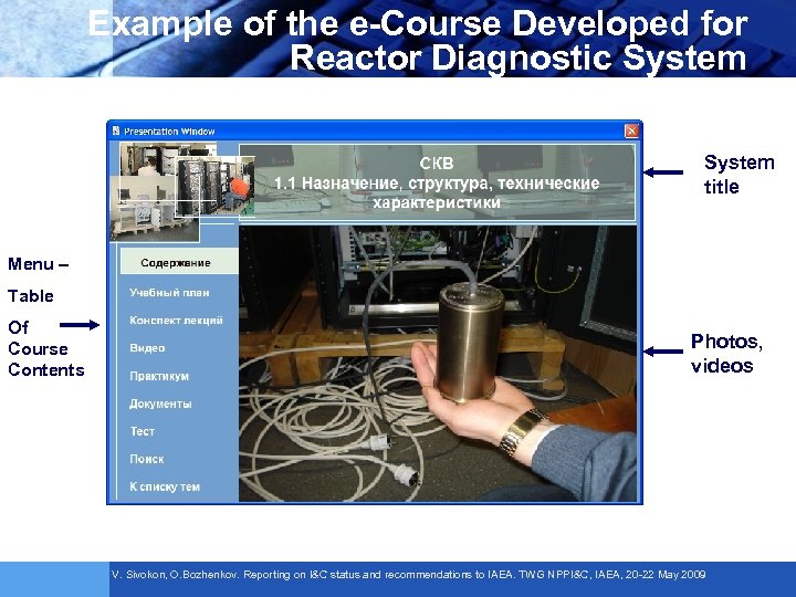 Example of the e-Course Developed for Reactor Diagnostic System title Menu – Table Of