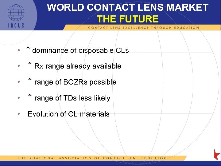 WORLD CONTACT LENS MARKET THE FUTURE • dominance of disposable CLs • Rx range