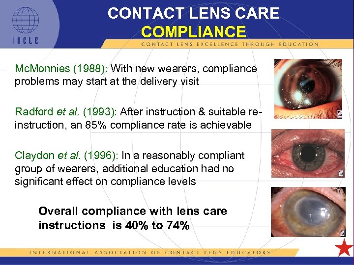 CONTACT LENS CARE COMPLIANCE Mc. Monnies (1988): With new wearers, compliance problems may start