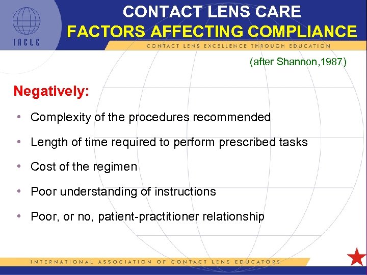 CONTACT LENS CARE FACTORS AFFECTING COMPLIANCE (after Shannon, 1987) Negatively: • Complexity of the