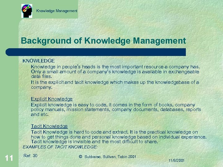 Knowledge Management Background of Knowledge Management KNOWLEDGE Knowledge in people’s heads is the most