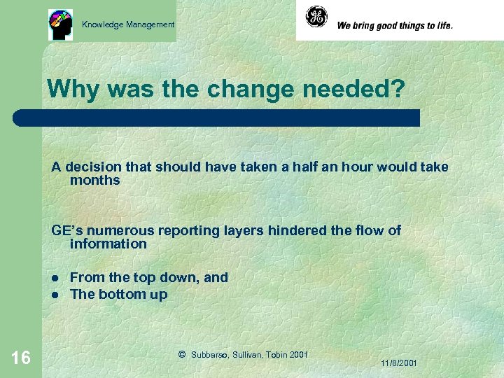 Knowledge Management Why was the change needed? A decision that should have taken a