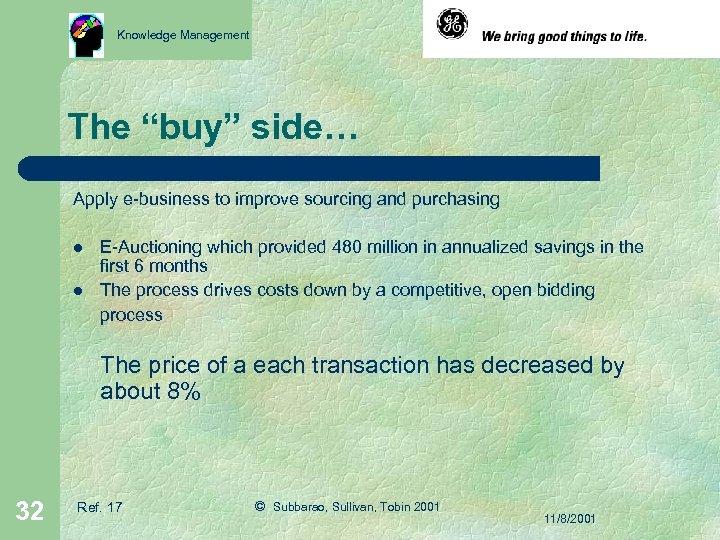 Knowledge Management The “buy” side… Apply e-business to improve sourcing and purchasing l l