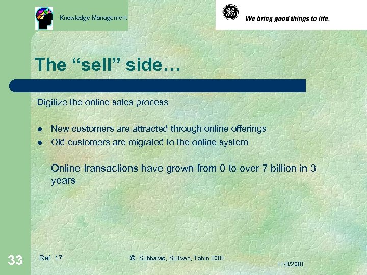 Knowledge Management The “sell” side… Digitize the online sales process l l New customers