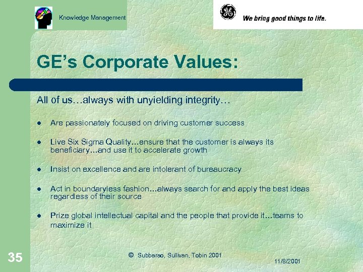 Knowledge Management GE’s Corporate Values: All of us…always with unyielding integrity… l l Live