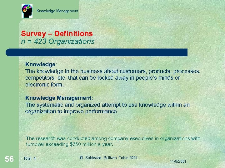 Knowledge Management Survey – Definitions n = 423 Organizations Knowledge: The knowledge in the