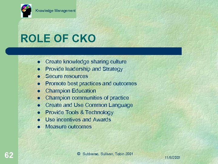 Knowledge Management ROLE OF CKO l l l l l 62 Create knowledge sharing