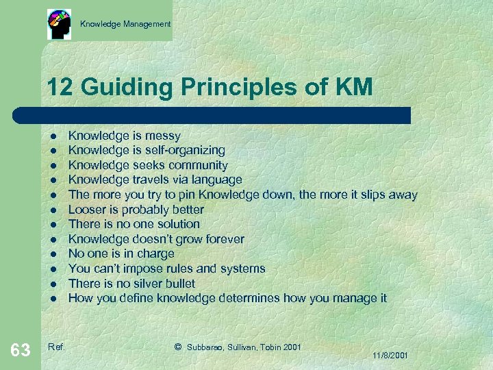 Knowledge Management 12 Guiding Principles of KM l l l 63 Ref. Knowledge is