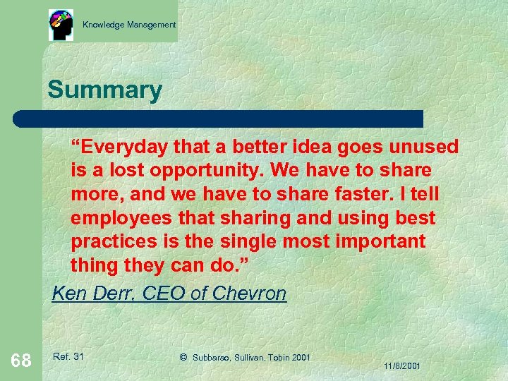 Knowledge Management Summary “Everyday that a better idea goes unused is a lost opportunity.