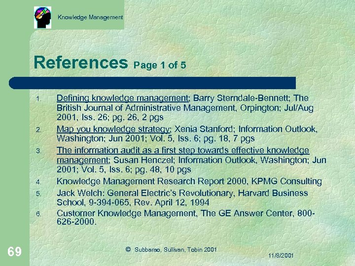 Knowledge Management References Page 1 of 5 1. 2. 3. 4. 5. 6. 69